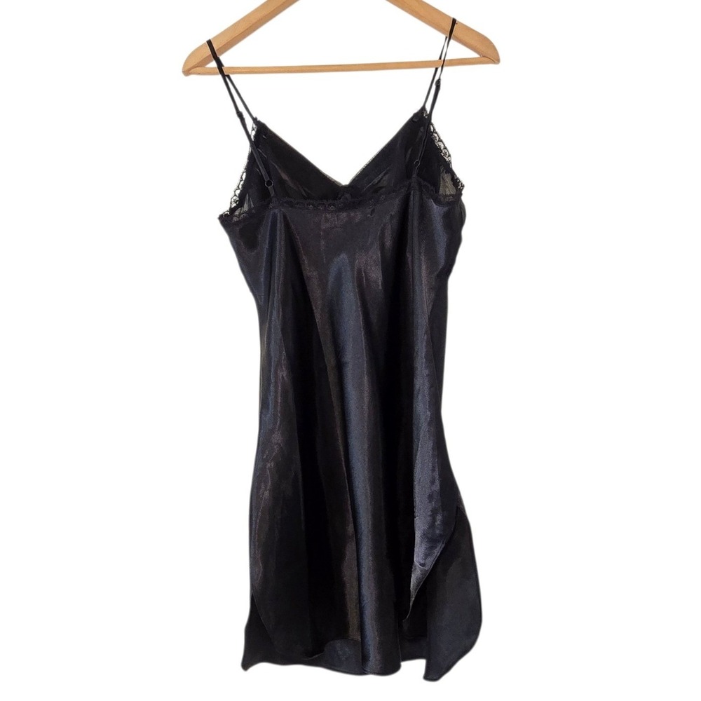 Delicates Black Satin Slip Dress 36" Chest Lace Chiffon Rosette Beaded Goth